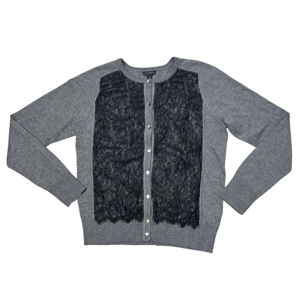 Used Ann Taylor Women's Grey Cardigan Sweater Black Lace‎ Size M Excellent Cond